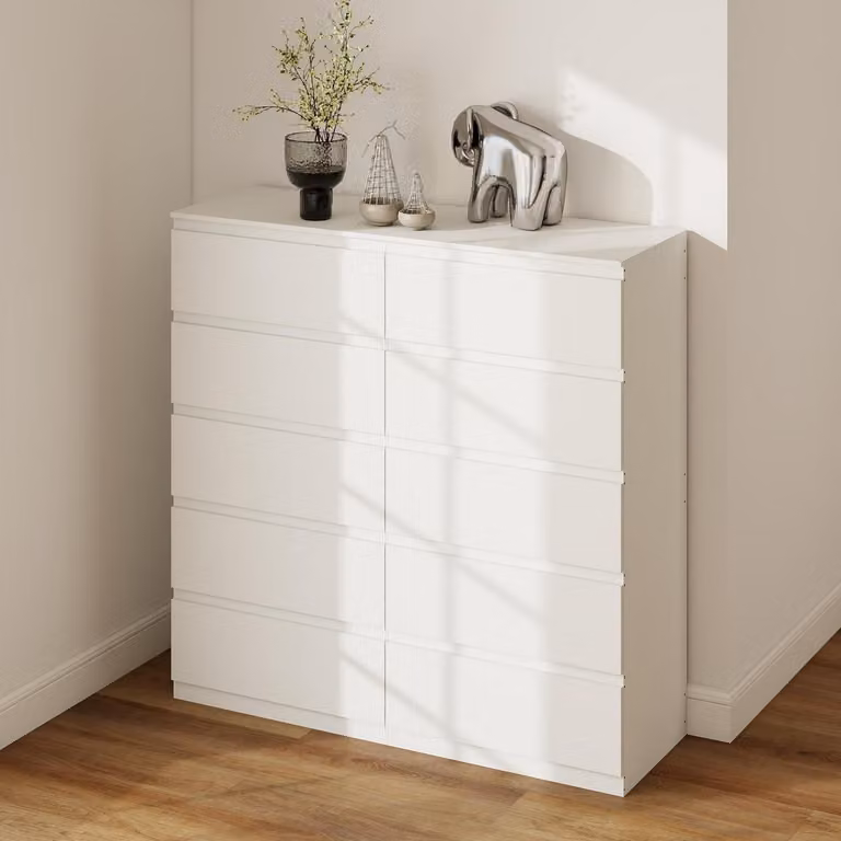 Comodino bianco opaco, 120 cm di larghezza, 40 cm di profondità, 5 cassetti, set da 2