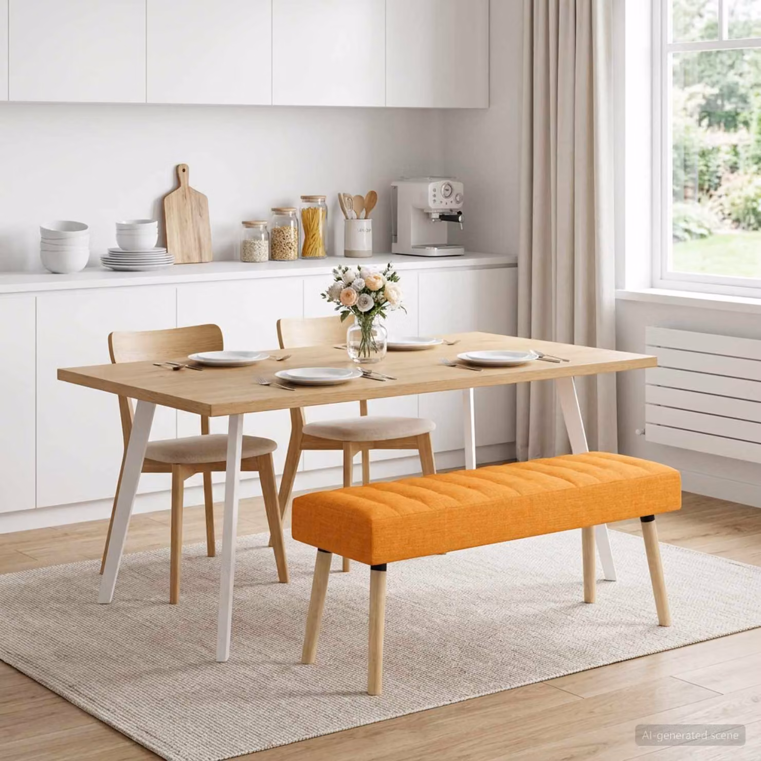 Panchina moderna vidaXL in tessuto giallo e arancione con struttura in legno di gomma, L 110 x P 40 x H 46 cm