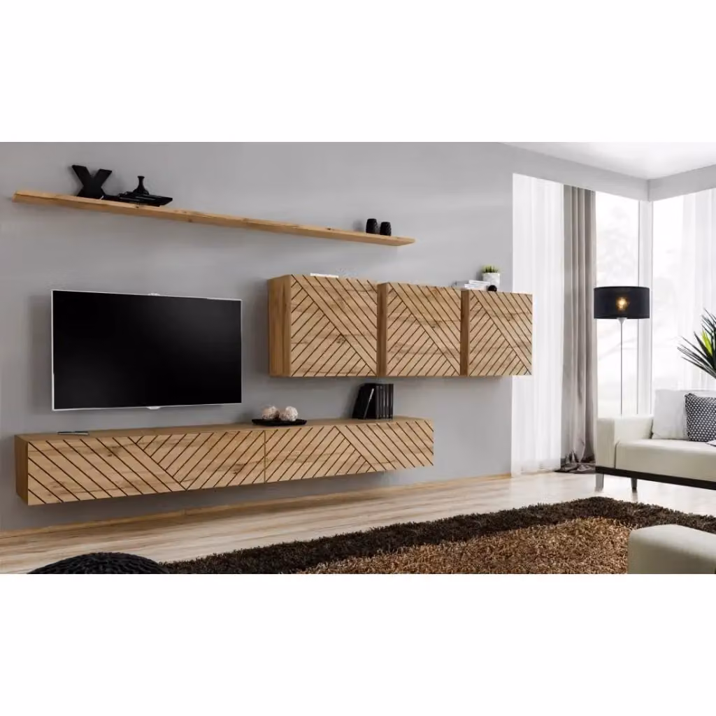Set di mobili da soggiorno design collezione SWITCH VII Meublorama colore quercia con finiture fresate e dettagli geometrici opachi L/P/H: 340 x 150 x 40 cm – 2