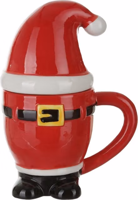 Tazza Babbo Natale in ceramica rossa con coperchio a forma di cappellino, 400 ml – 1