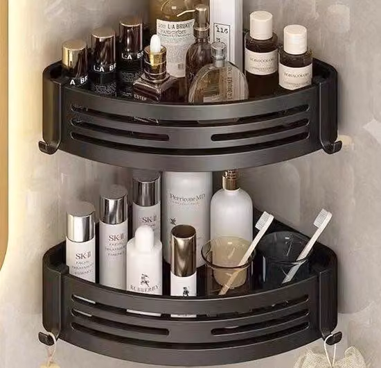 Organizer da bagno in alluminio con 4 ganci – Impermeabile e resistente alla corrosione – Ripiano da parete con bordo rialzato – Nero