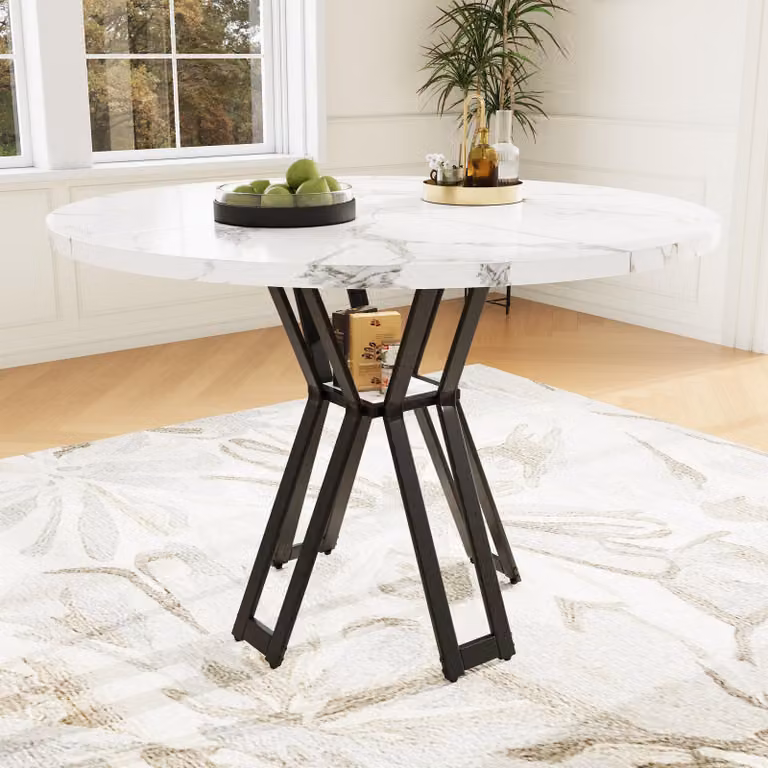 Tavolo da pranzo rotondo Fortuna Lai (100 x 100 x 76 cm), tavolo rotondo leggero e lussuoso per 4-6 persone, adatto per sala da pranzo e soggiorno, gambe nere, piano in MDF marmorizzato