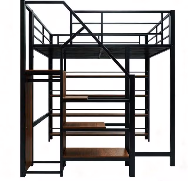 Letto a soppalco in metallo e MDF nero con scala contenitore, armadio e ripiani, L/P/H: 200 x 140 x 170.5 cm – 1