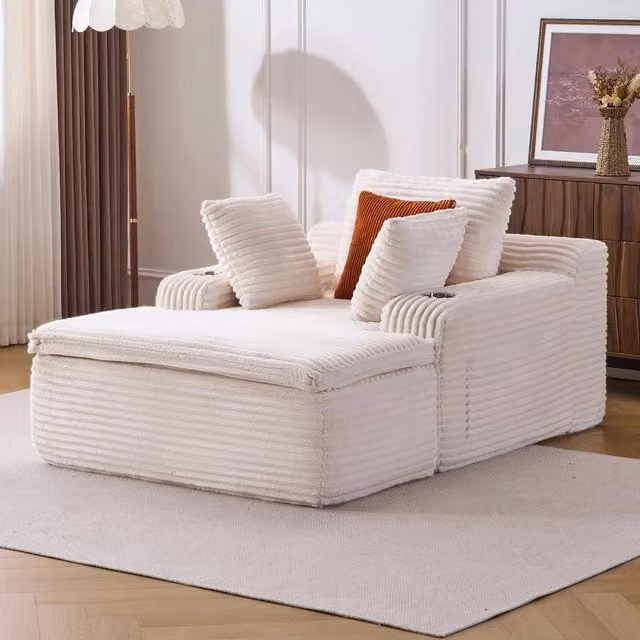 Divano Letto con Chaise Longue ¨C MINIMAL ¨C Beige, 3 Cuscini, Senza Assemblaggio