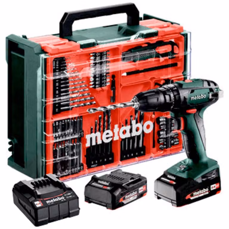 METABO trapano a percussione SB 18 Set Officina mobile + 2 batterie Li-Ion 18V/2,0 Ah con caricatore SC 30 + 74 componenti