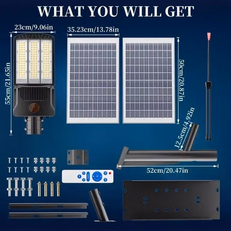 Faretto LED a energia solare - KHPL002 - 2 pannelli solari e 1 faretto - Oltre 82.000 lm - Sensore di movimento - Telecomando - Grado di protezione IP67 - Batteria al litio da 36 Ah