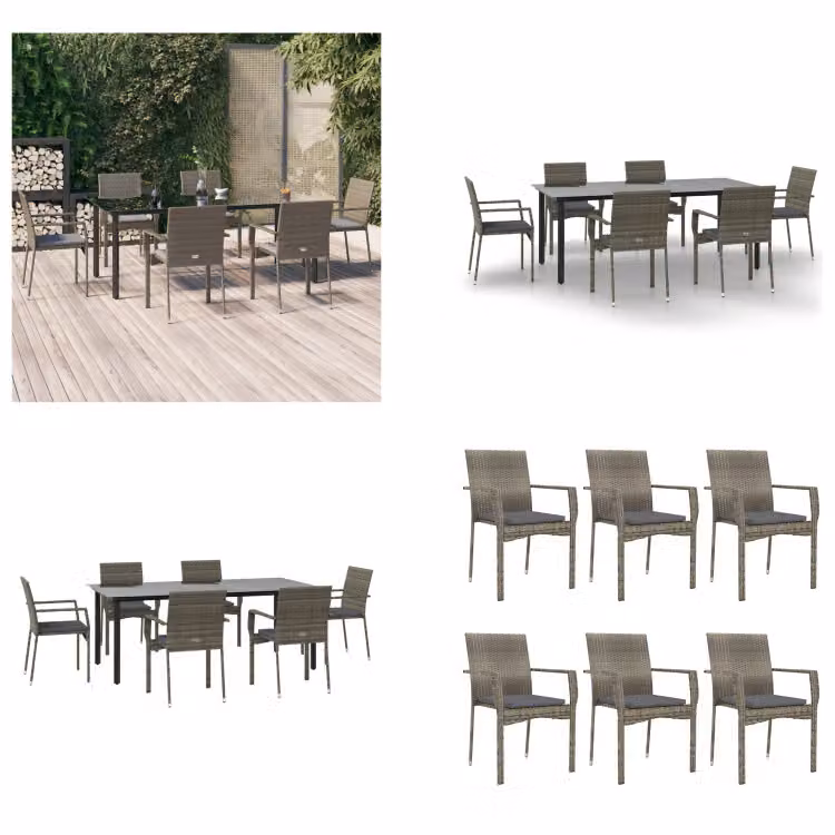 vidaXL Set da pranzo da giardino 7 pezzi con cuscini in poly rattan nero e grigio - Set da pranzo da giardino - Set da pranzo da giardino - Set da pranzo da terrazza