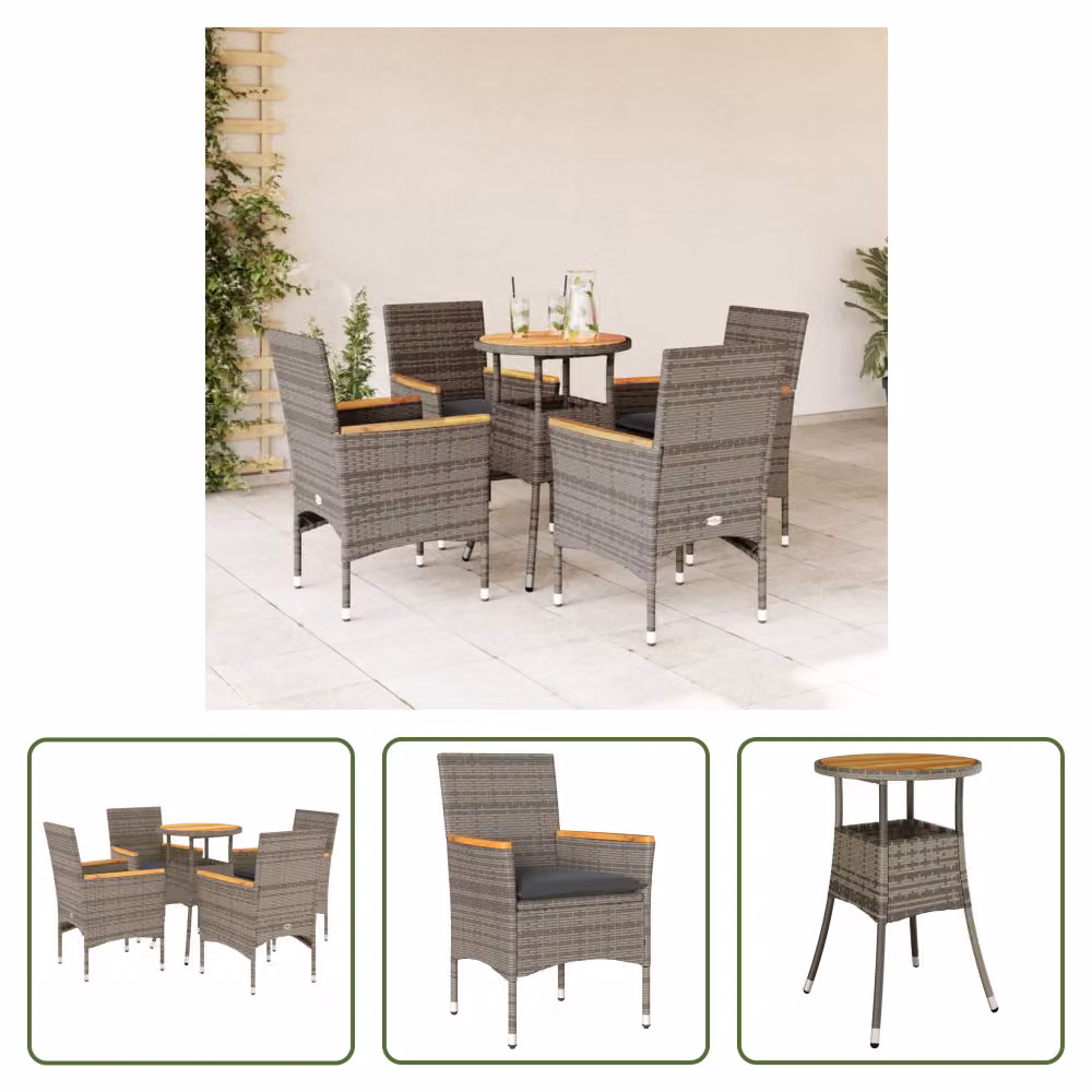 The Living Store Set da pranzo da giardino 5 pezzi con cuscini in poly rattan grigio acacia