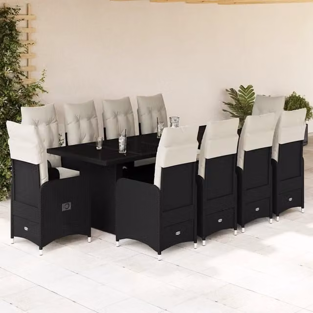 Set da Bistrò da Giardino vidaXL in Polyrattan Nero con Cuscini e Piano in Vetro, 11 Pezzi