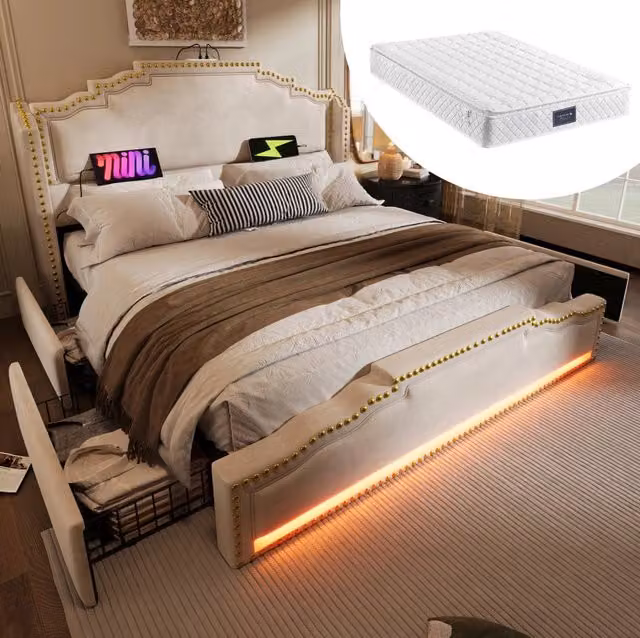 Letto imbottito 160x200 cm con 4 cassetti, illuminazione LED e porta di ricarica USB-C, struttura in velluto beige con rete a doghe e materasso