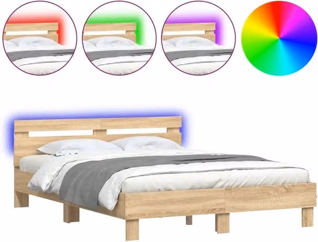 Letto matrimoniale moderno Design In in legno Rovere Sonoma con testiera, illuminazione LED sottostante e porta di ricarica USB, L/P/H: 203 x 140 x 70 cm