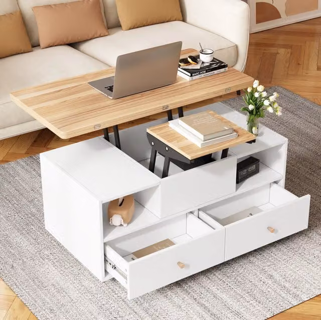 Tavolino sollevabile con piano pieghevole e 4 cassetti; 100x50x47;5 cm; MDF; legno naturale