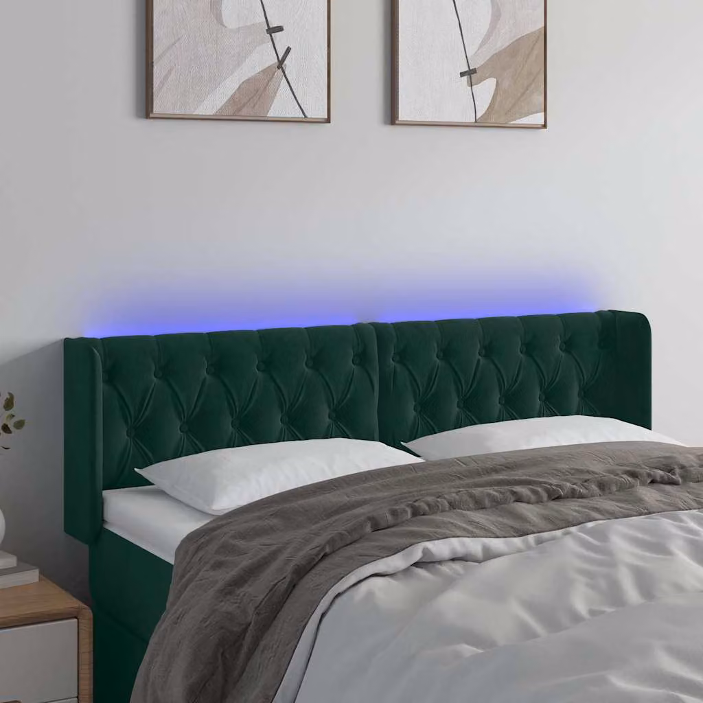 Testiera con LED e porta USB vidaXL in velluto verde scuro L: 147 cm, P: 16 cm, H: 78-88 cm