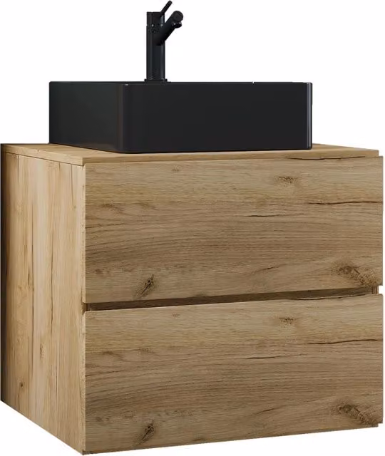 Luce di Ezooza Set Bagno 2 Pezzi Mobile Large con 2 cassetti e Lavabo sospesi , Rovere miele , lavabo Nero
