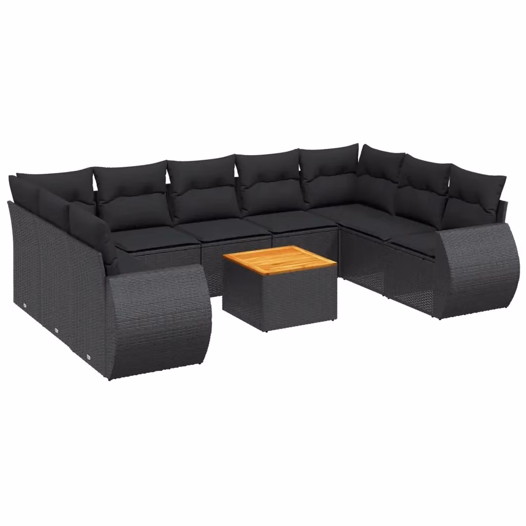 vidaXL Set Divani da Giardino a Forma di U in Polyrattan Nero con Cuscini e Tavolino da Esterno – 2