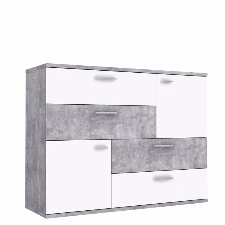Credenza >Skive< 4 cassetti, 2 ante, effetto cemento / bianco - 124,9x95,9x41,3cm L/A/D