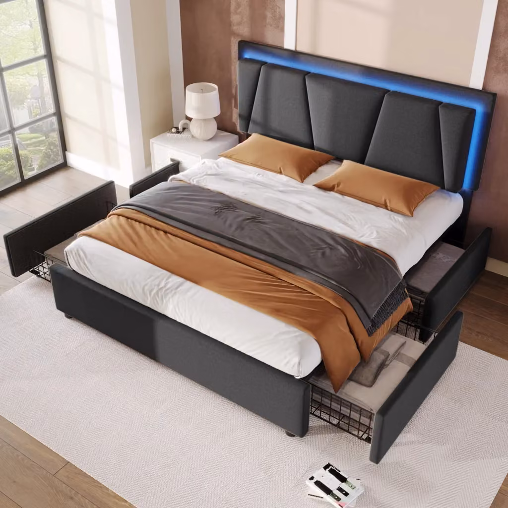 Letto Imbottito REDOM Grigio con Testiera Regolabile, Illuminazione LED Sotto il Letto e 4 Cassetti, L/P: 140 x 200 cm – 2