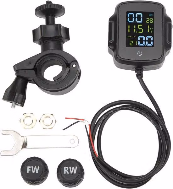 Un sistema TPMS (monitoraggio della pressione dei pneumatici) resistente alle intemperie per motociclette, dotato di funzione di ricarica USB e sensori esterni