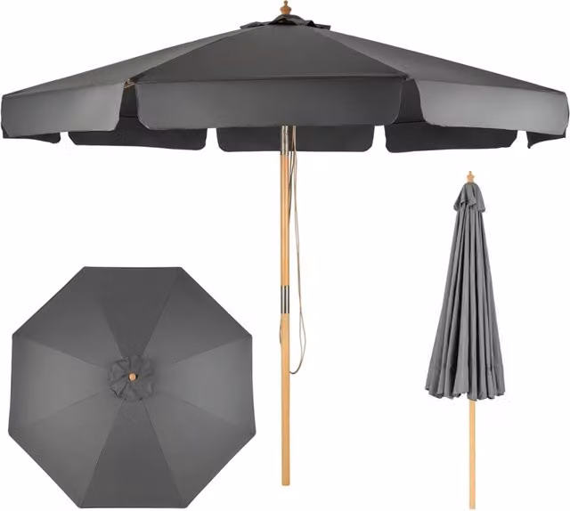 Ombrellone da giardino con sistema a carrucola e corda, diametro 300 cm, colore grigio e struttura in legno e poliestere con altezza e angolo regolabili – 1