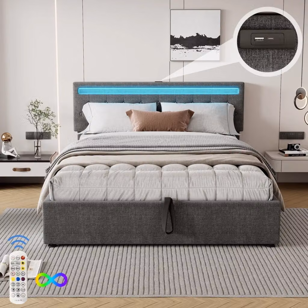 Letto contenitore matrimoniale Chicfurn in lino grigio con illuminazione LED e porte USB e Type-C, rete sollevabile, L/P: 160 x 200 cm – 2
