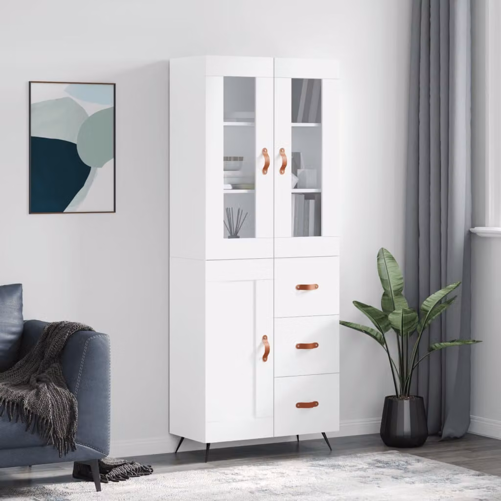 Credenza moderna vidaXL bianca con ante a battente e cassetti in legno e metallo L: 69,5 cm, P: 34 cm, H: 180 cm