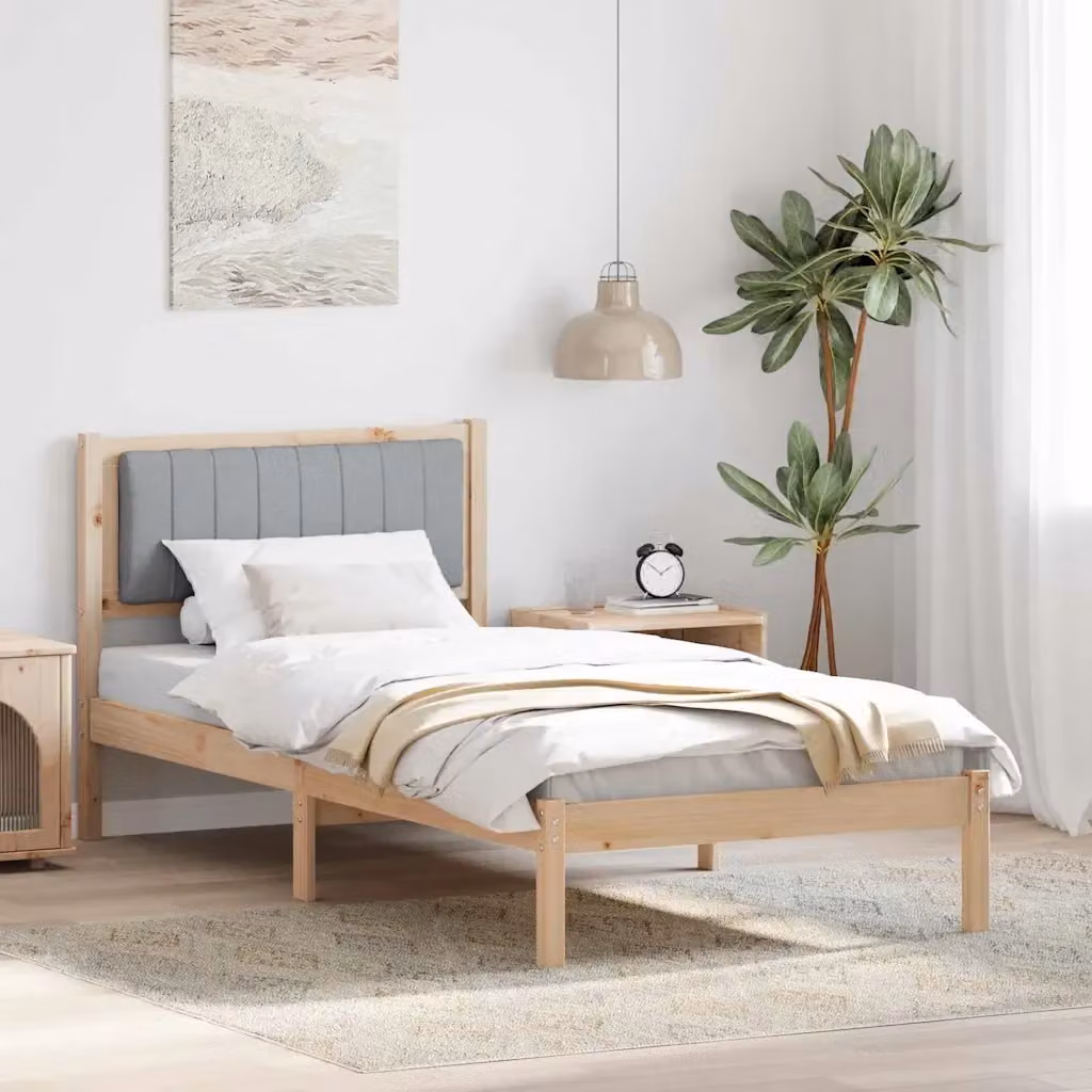 Letto singolo moderno con testiera rivestita in tessuto grigio e struttura in legno di pino, L/P/H: 90 x 190 x 85,5 cm – 2