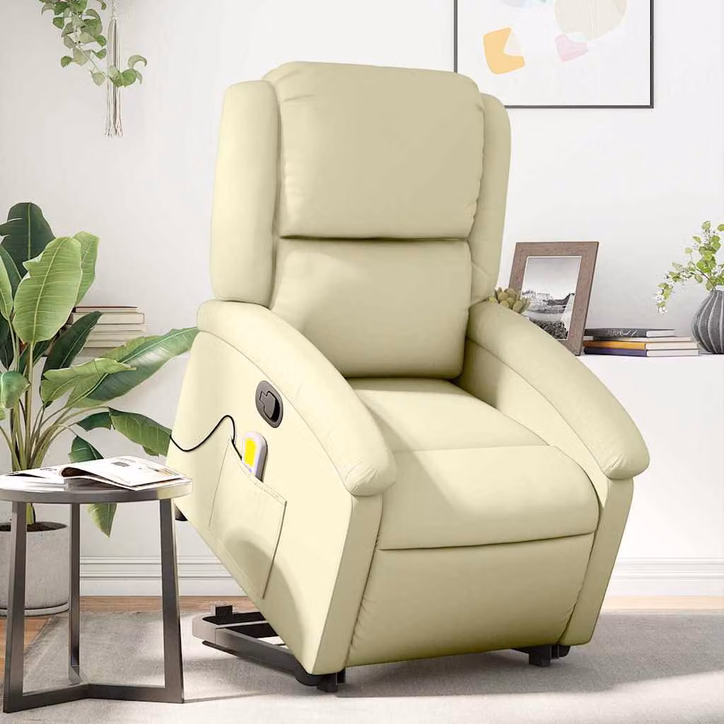 Poltrona Alzapersona Reclinabile con Massaggio vidaXL in Vera Pelle Beige – 1