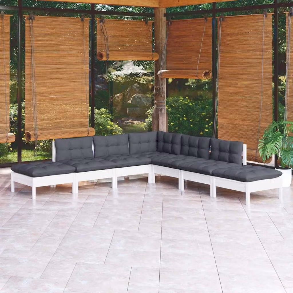 Set di divani da giardino vidaXL a forma di L composto da 7 pezzi in legno di pino con cuscini bianchi