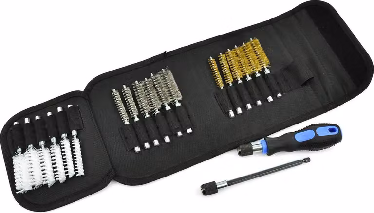 Set per la pulizia degli ugelli degli iniettori Con 18 spazzole - nylon, ottone, acciaio, Manico di prolunga incluso Per unità da 1/4", Ideale per le prese per candele e candelette.