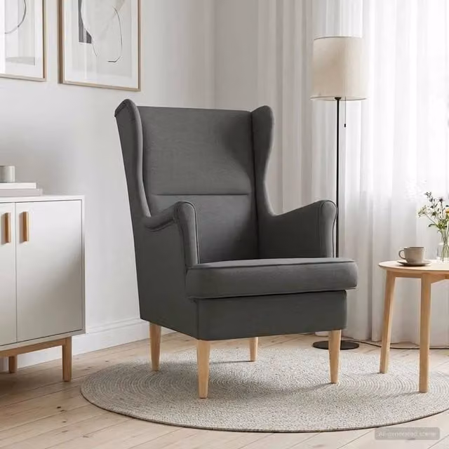 Poltrona Lounge Moderna in Tessuto Grigio con Braccioli e Struttura Mix Metal e Legno