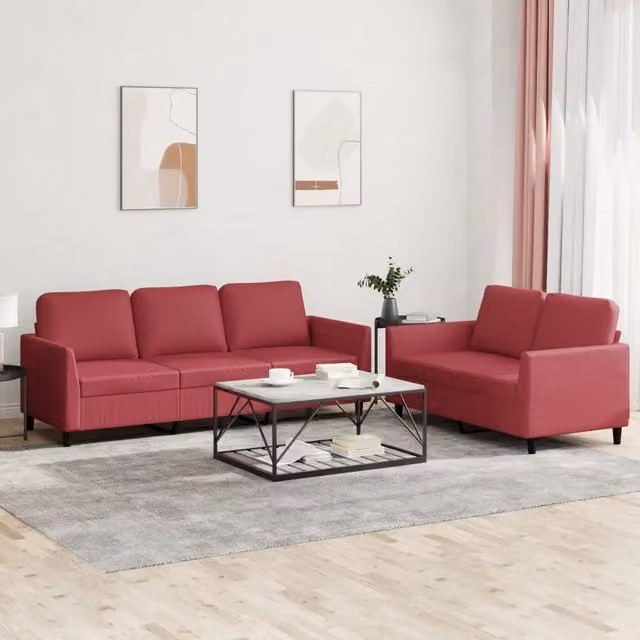 Set di divani vidaXL da soggiorno in similpelle rosso, composto da un divano a 2 posti e un divano a 3 posti con cuscini inclusi – 1