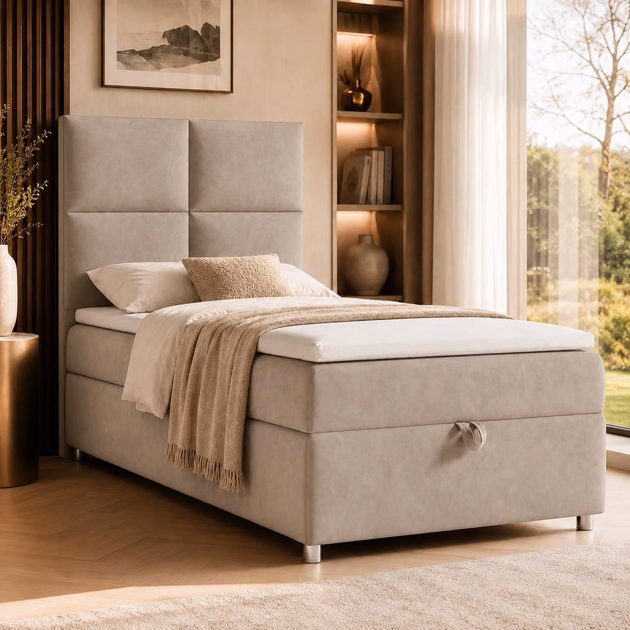 Best for Home Letto boxspring con contenitore Trinity K2-SINGLE 100x200 Materasso a molle Bonell incl. topper – Beige