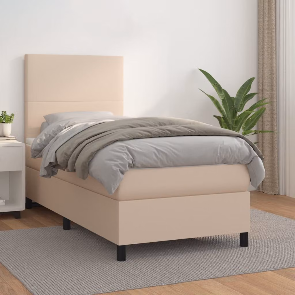 vidaXL Letto con Giroletto a Molle e Materasso Ibrido in Similpelle Beige, L/P/H: 90 x 190 x 128 cm