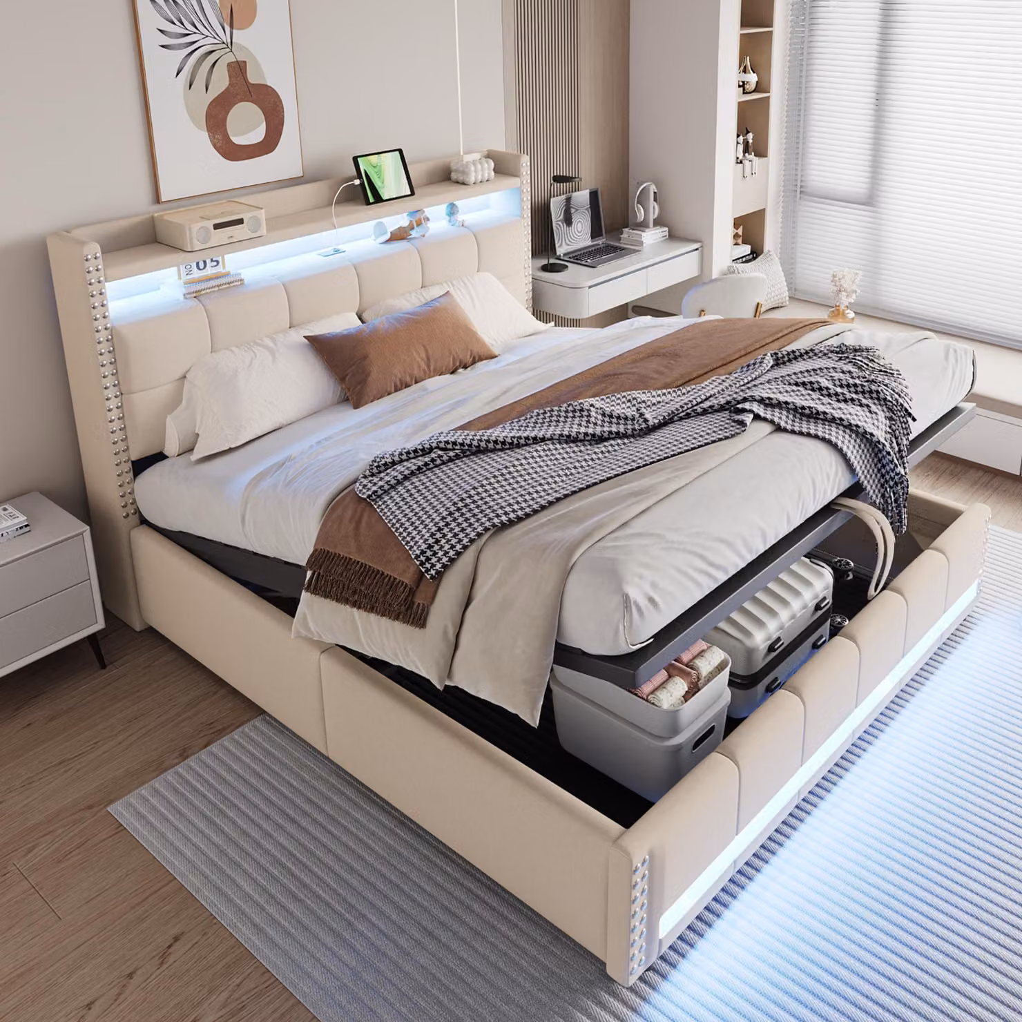 Letto imbottito idraulico Merax 180x200 cm per bambini con illuminazione a LED e presa USB, letto singolo con contenitore sulla testata, tessuto di lino beige