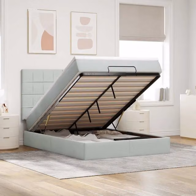 Letto con contenitore a sollevamento vidaXL in velluto grigio e bianco L/P/H: 203 x 144 x 128 cm con materasso 140x200 cm