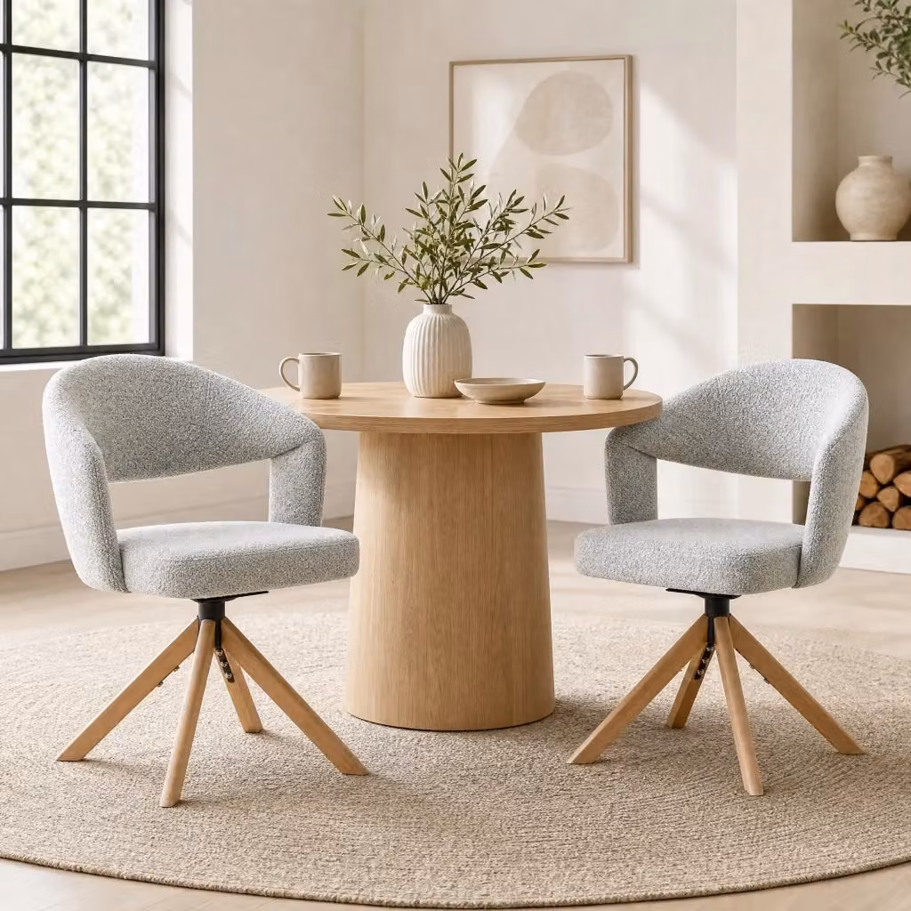 Set di 2 sedie girevoli REDOM in tessuto grigio e legno massello per soggiorno o ufficio, Altezza: 81,5 cm – 2