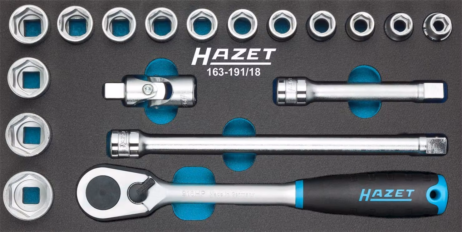 Set di chiavi a bussola Hazet 163-191/18 - Attacco quadrato cavo da 12,5 mm (1/2 pollice) - Esagono esterno | 163-191/18
