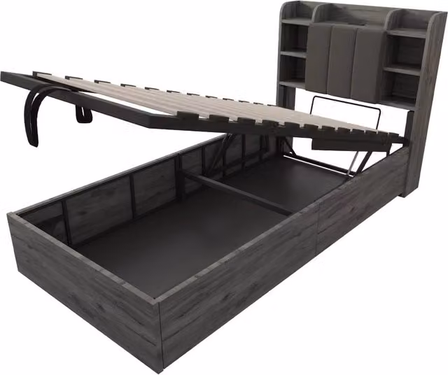 Letto singolo con contenitore idraulico e testiera con ripiani e porte USB e Type-C, colore grigio, L/P/H: 90 x 200 x 94,2 cm – 1