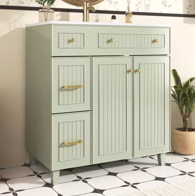 Mobile bagno freestanding con lavandino in ceramica, MDF laccato, piedi in pino, verde 81,7 cm