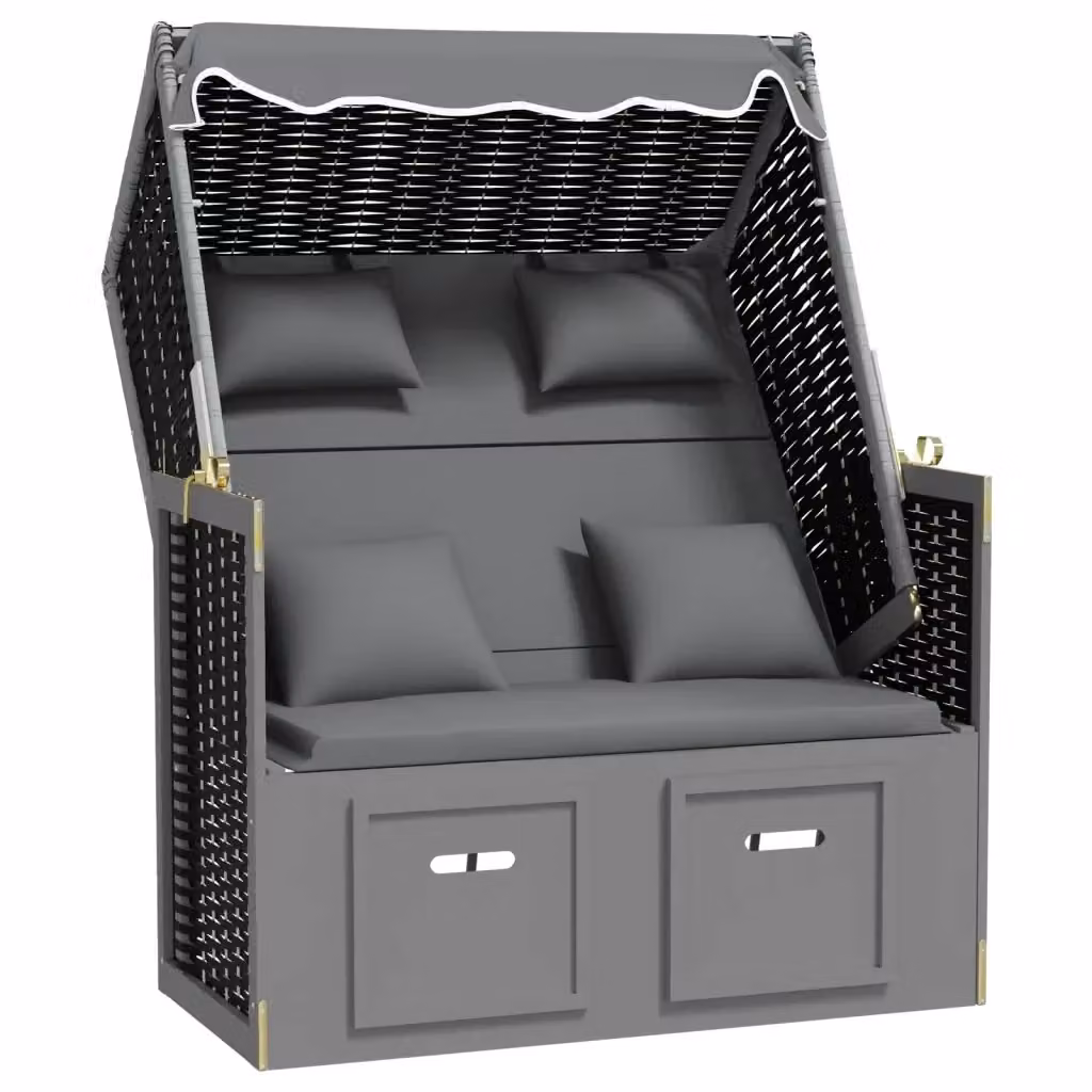 Sedia a sdraio Strandkorb vidaXL in Polyrattan e Legno di Abete con Cuscini e Tendalino, Colore Antracite e Nero – 2