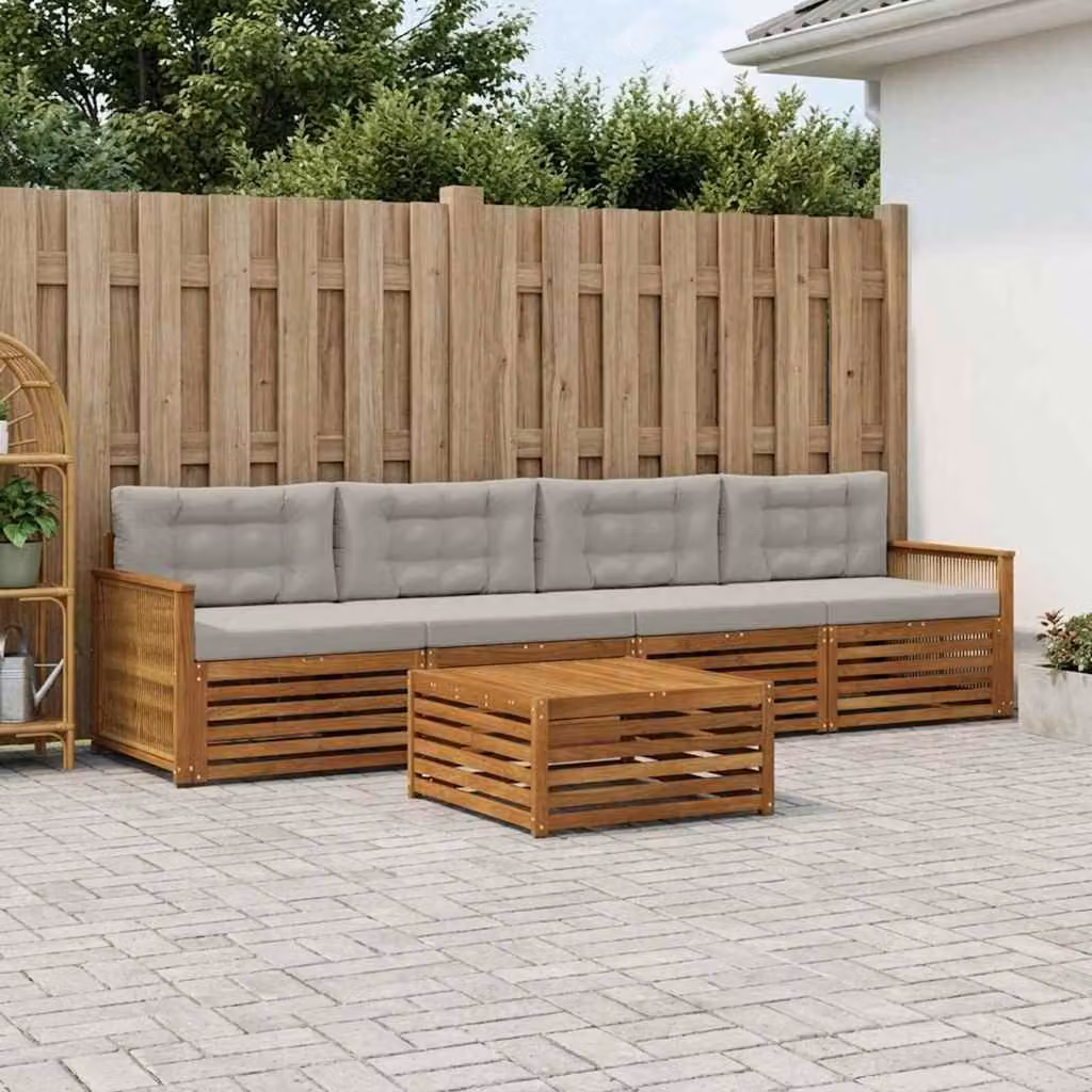 Set di divani da esterno a L vidaXL in legno di acacia con tavolo da caffè, 5 pezzi, beige e grigio