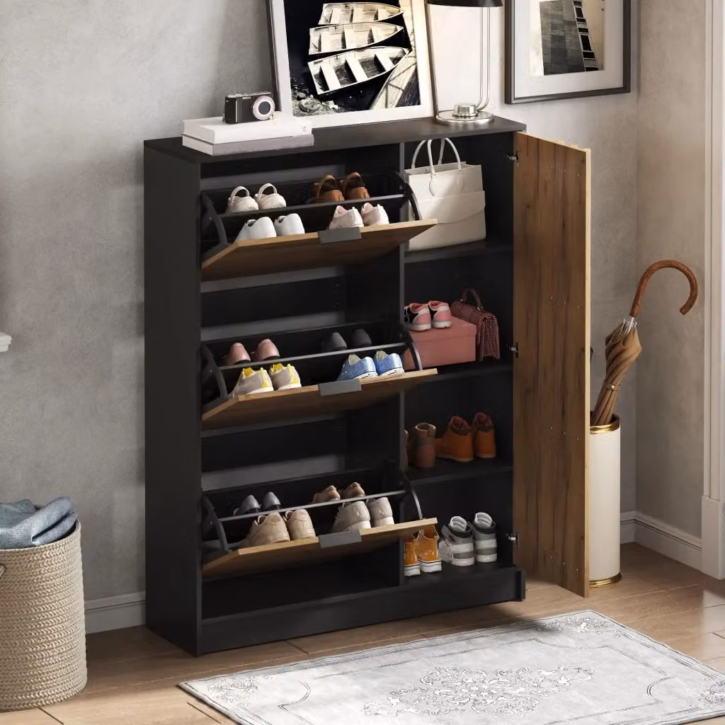 Scarpiera moderna OKWISH per ingresso con 3 ante a ribalta e vano con sportello, in MDF, naturale e nero, L/P/H: 100 x 30 x 130 cm – 2