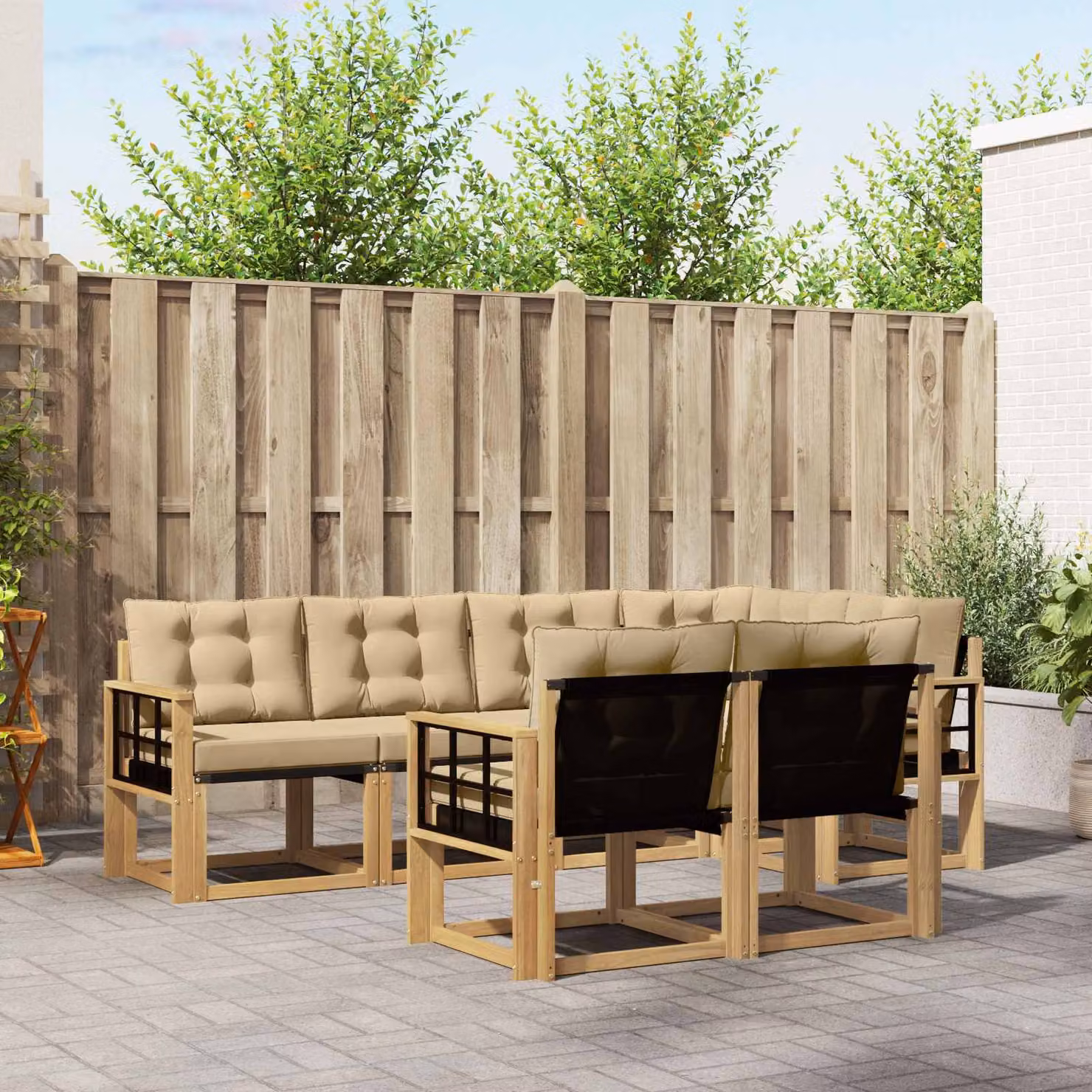 Set di divani da esterno vidaXL 7 pz in legno di acacia con cuscini Bianco e Beige