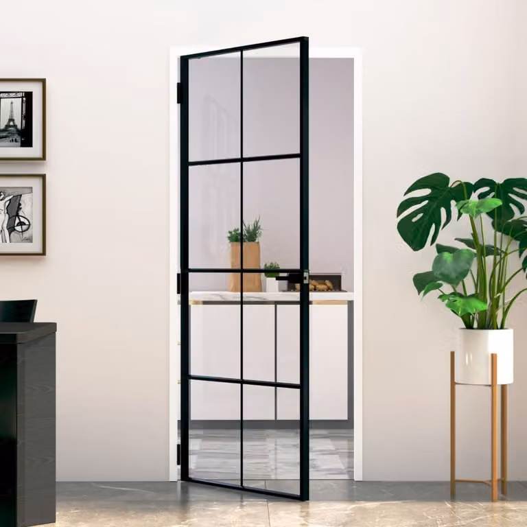 The Living Store porta interna nera 83x201,5 cm vetro temperato e alluminio slimline