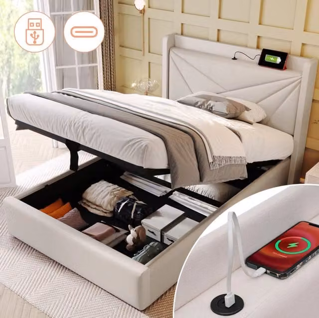 Letto singolo con contenitore MODFU in tessuto beige con testiera dotata di porte USB e Tipo C, L/P/H: 90 x 200 cm