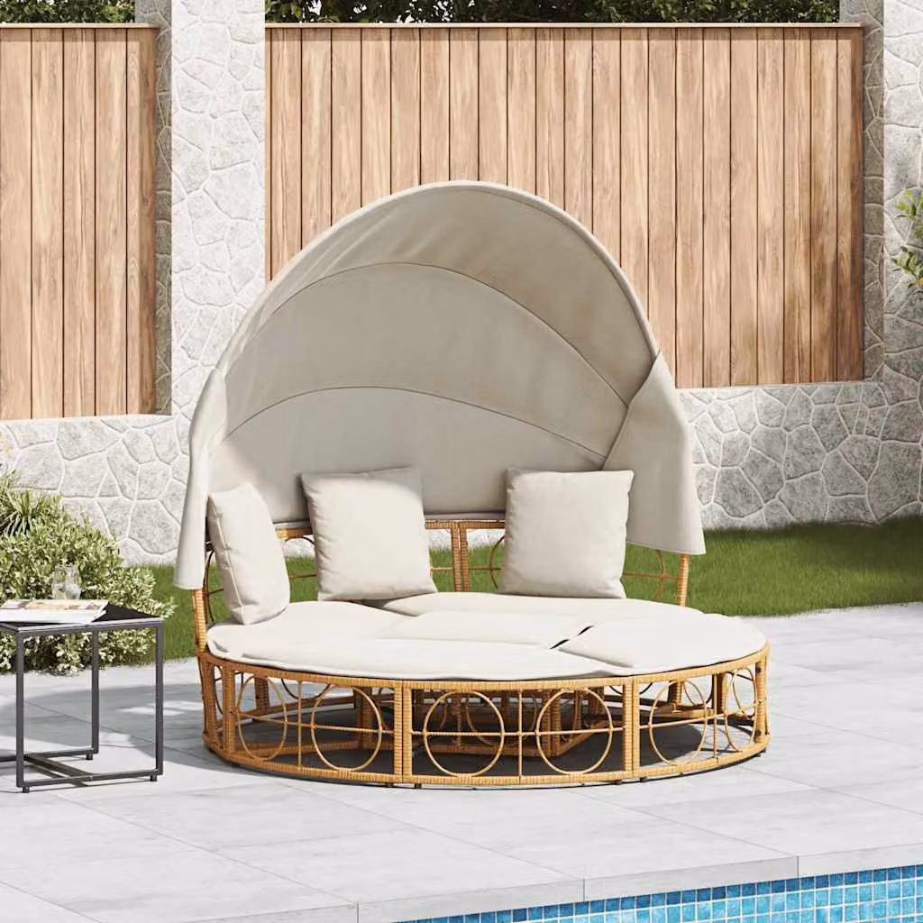 vidaXL Lettino Prendisole da Esterno in Polyrattan con Tetto e Cuscini, Beige e Marrone