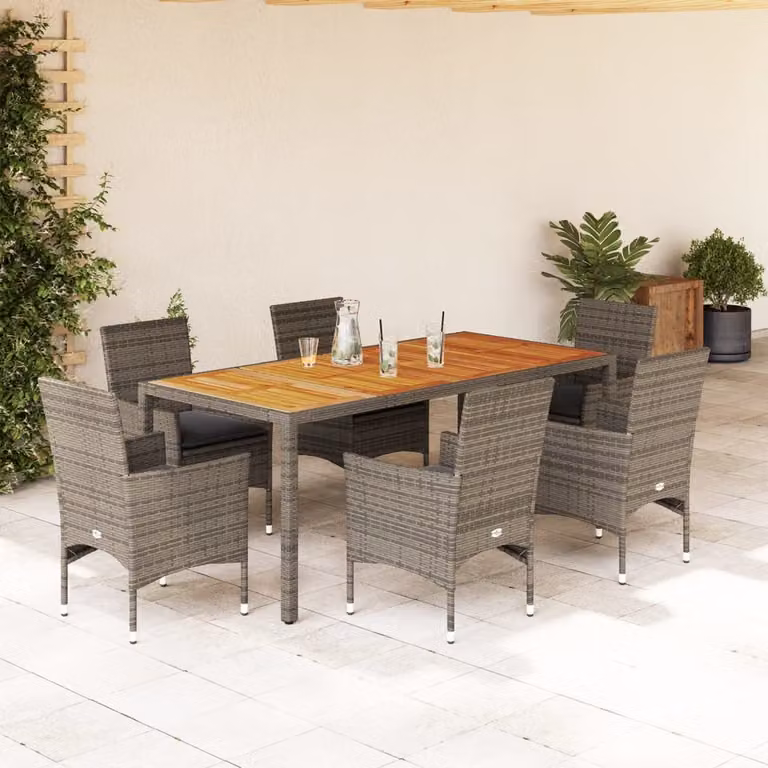 Set da pranzo da giardino vidaXL in polyrattan e legno di acacia con 7 pezzi e cuscini, colore grigio