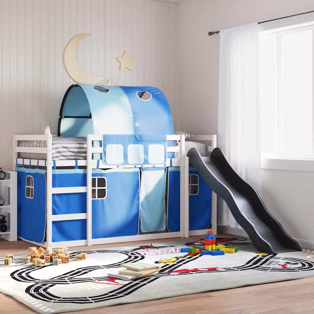 Letto a Castello con Scivolo e Tende in Legno di Pino Blu vidaXL L/P/H: 205.5 x 90 x 113 cm – 1