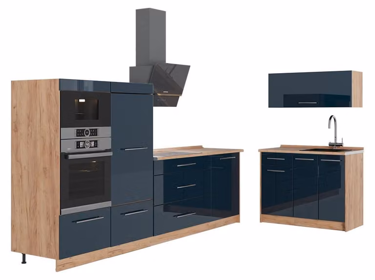 Cucina Vicco Fame-Line Blu scuro lucido/Rovere dorato 380 cm, PL Rovere, Model 65736
