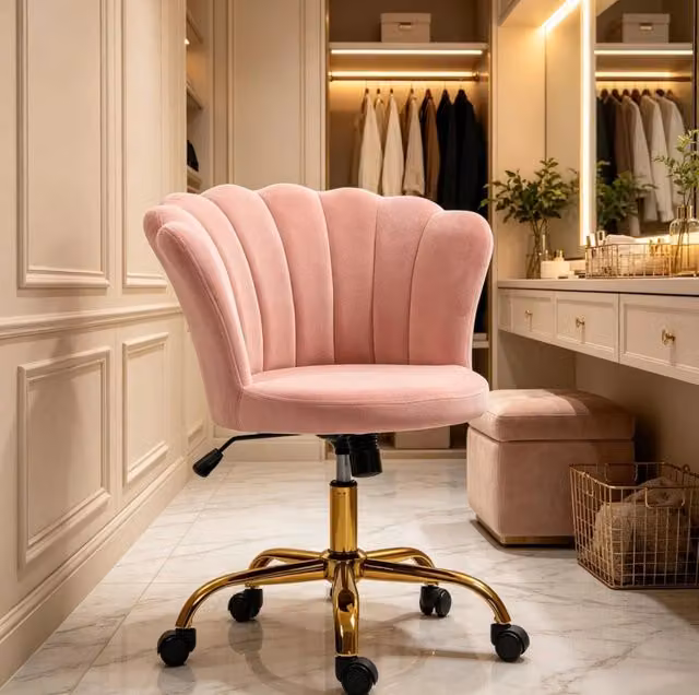 Sedia da parrucchiere rosa con rivestimento in velluto, schienale petalo, altezza regolabile 80-90 cm